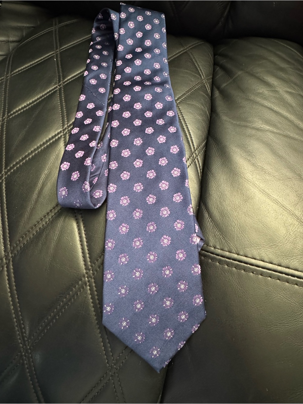 T.M.Lewin Navy Tie with Pink Floral Medallions